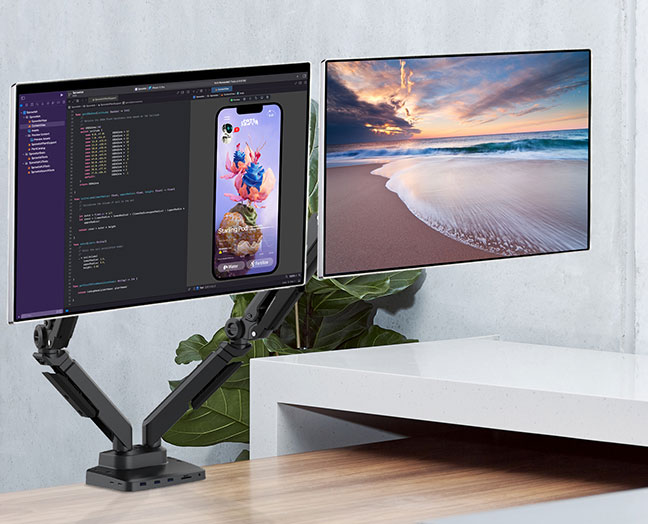 Gas Spring Dual Monitor Arm with Full Function Dual 4K Hybrid Video Docking Station